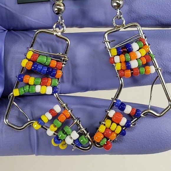 Handmade Colorful Beaded Silver tone Wire Drop Earrings Boho Festival Jewelry - Picture 4 of 7